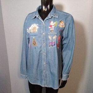 Bobbie Brooks Blue Button Down Shirt with Festive Embroidery
